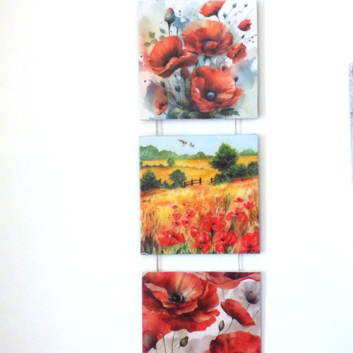 Triptyque coquelicots serviettage decoration murale fete des grands meres