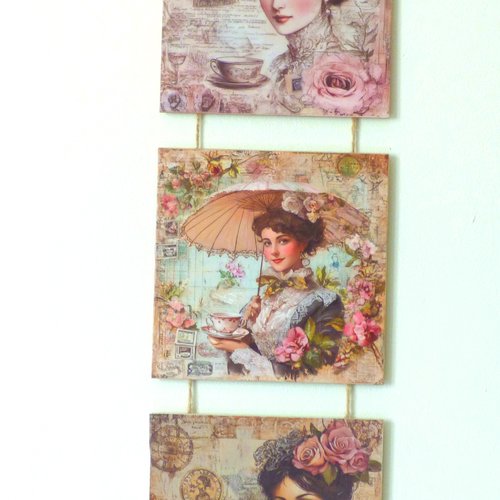 Triptyque femme vintage decoration murale a suspendre