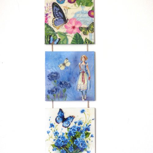 Tableau triptyque fleurs tons bleus