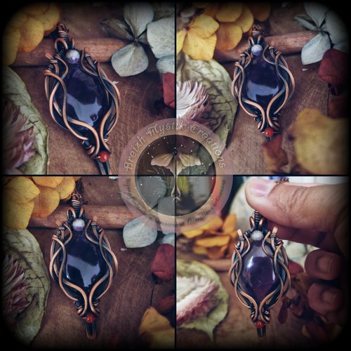 Pendentif en cuivre améthyste,rubis fushite et cornaline