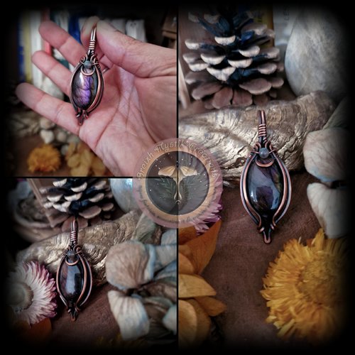 (réservé) pendentif en cuivre labradorite reflets mauve et améthyste