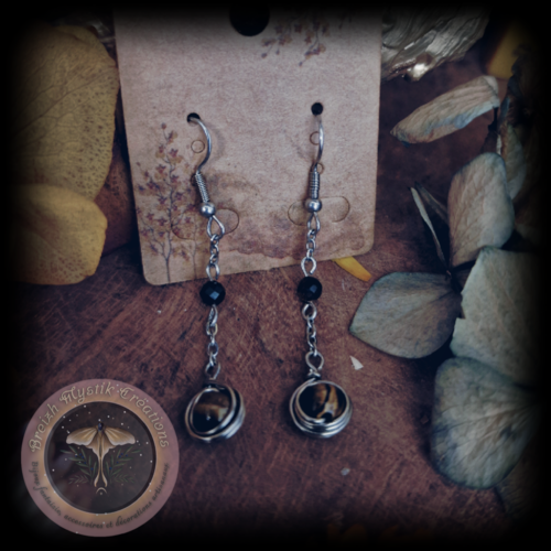 ​boucles d'oreilles pendantes en acier inoxydable et pierres naturelles (jade néphrite ou œil de tigre)