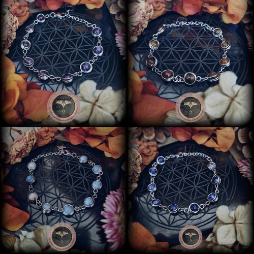 Bracelets en acier inoxydable larimar, améthyste, œil du tigre et lapis-lazuli