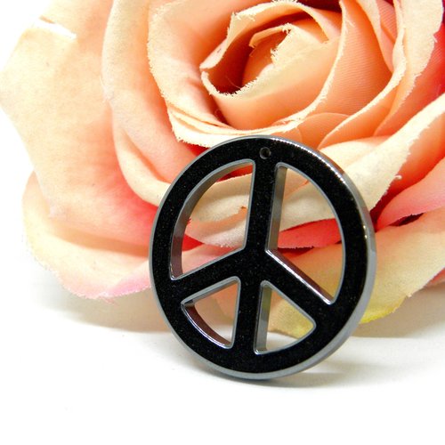 Amulette pendentif signe peace and love en hématite, médaillon hippie bohème en pierre naturelle,