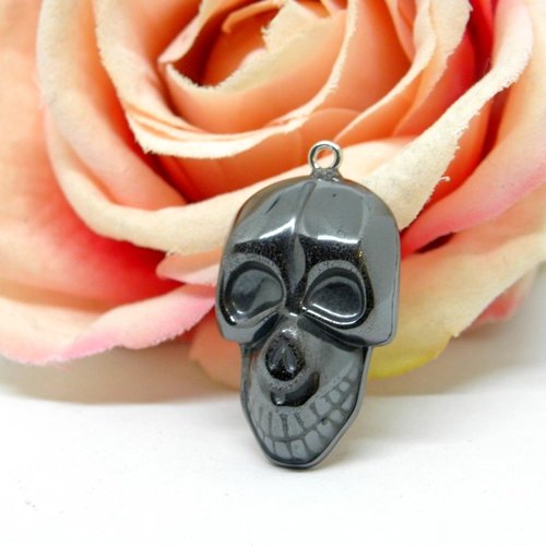 Amulette pendentif tête de mort en hématite, médaillon crâne en pierre naturelle,