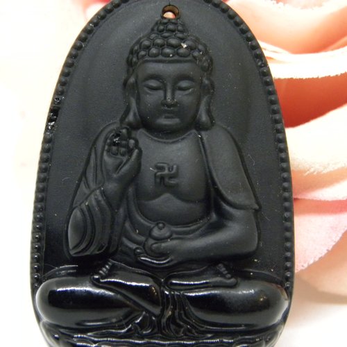 Amulette de protection bouddha en obsidienne noire, pendentif amulette grigri taillée pierre naturelle véritable,