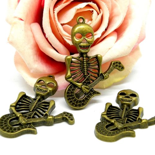 Pendentif squelette tête de mort bronze, pendentif squelette guitare, halloween