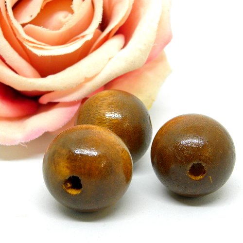 Grosse perles rondes en bois lisses unies, perle en bois ronde couleur fauve,