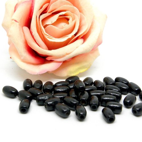 Perles ovales lisses en bois noires, perle en bois grain de riz noire 11mm,