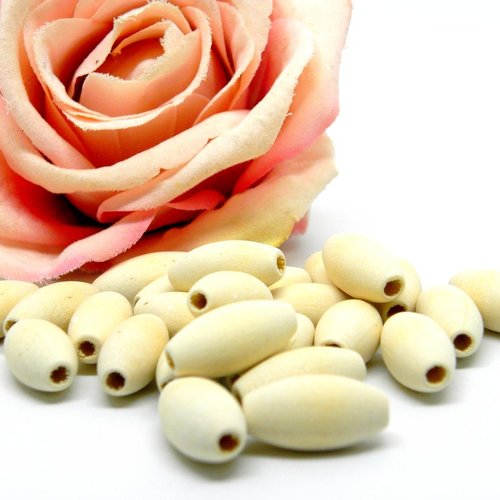 Perles ovales lisses en bois écrus naturelles, perle en bois grain de riz naturelle 20mm,