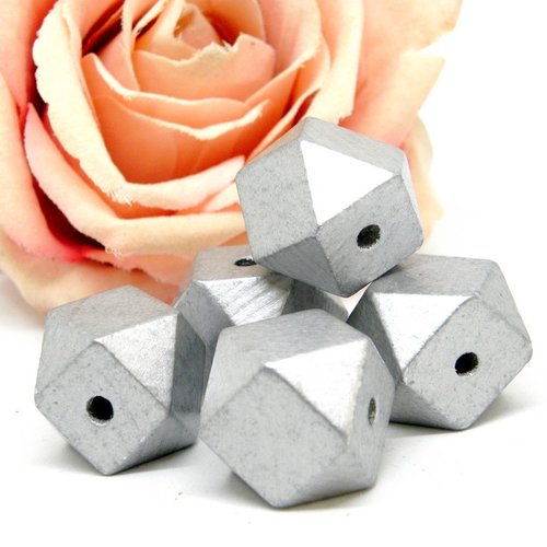 Perles hexagones en bois lisses argentées, perle en bois hexagone peinte à la main 20 mm,