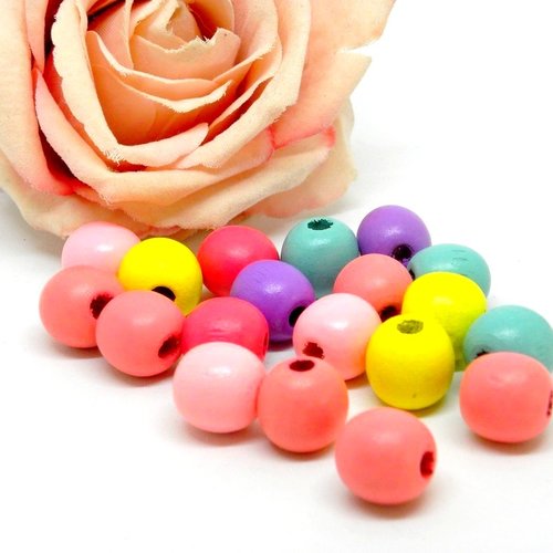 Perles rondes en bois panaché de couleurs, perle en bois ronde multicolore peinte à la main 15 mm,