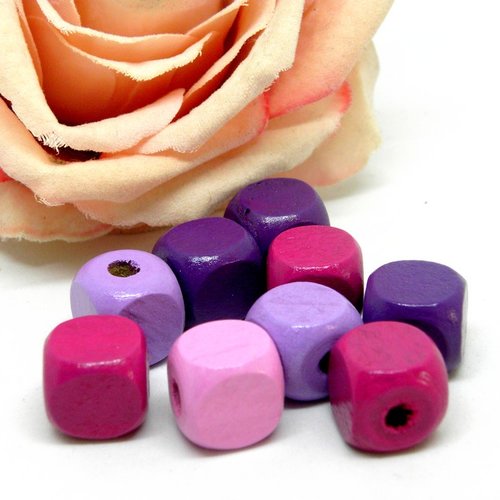 Perles carrées en bois panaché de couleurs, perle en bois carrée multicolore peinte à la main 14 mm,