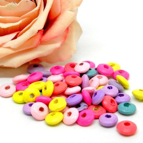 Perles rondelles en bois panaché de couleurs, perle en bois rondelles multicolore peinte à la main 10 mm,
