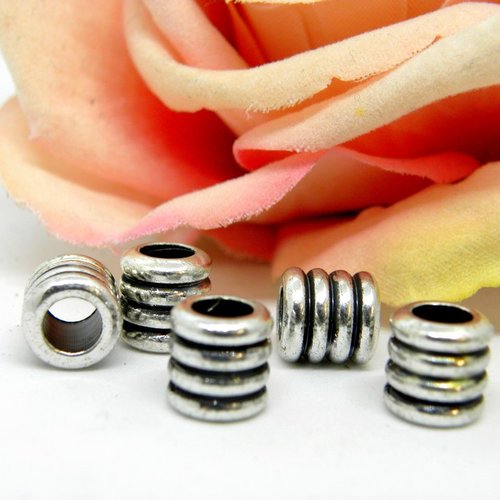 Perle ronde cylindre godronnée argentée en métal, perle européenne tube cylindre godronnée argentée,
