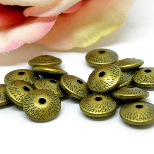 Perle ronde soucoupe striée en métal bronze, perle ronde rosace en métal couleur bronze,
