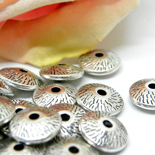Perle ronde soucoupe striée en métal argent, perle ronde rosace en métal couleur argentée,