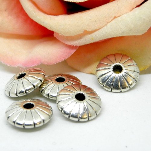 Perle rosace ronde soucoupe en métal argent, perle ronde rosace en métal couleur argentée,