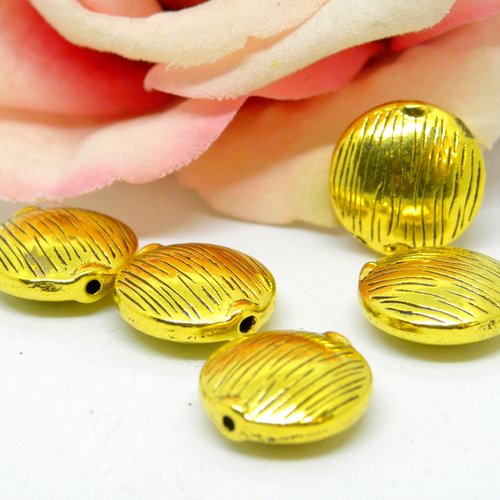Perle ronde soucoupe bombée striée dorée en métal, perle ronde plate en métal couleur dorée,