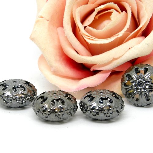 Grosse perle bouton baroque filigrane gun métal en métal, lot de perle ronde bouton en alu couleur grise,