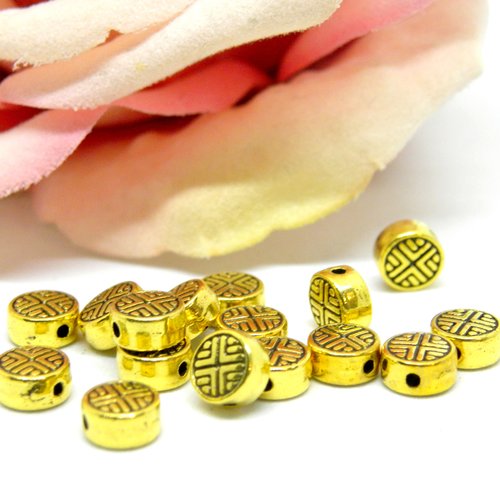 Perle ronde et plate chinoise dorée en métal, perle ronde plate en métal couleur dorée,