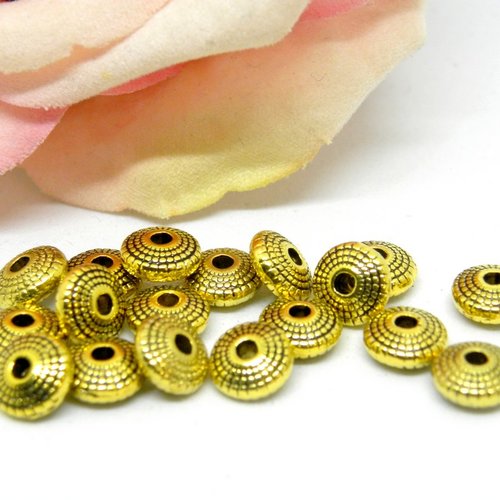 Perle ronde soucoupe a point dorée en métal, perle ronde plate en métal couleur dorée,