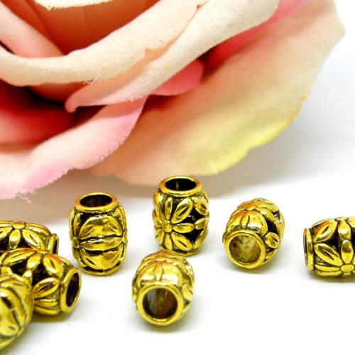 Perle tonneau fleurie dorée en métal, perle tonneau en métal couleur dorée,