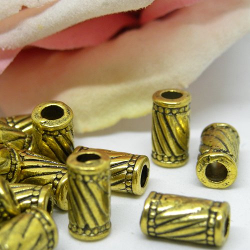 Perle tube striée dorée en métal, perle cylindre striée en métal couleur dorée,