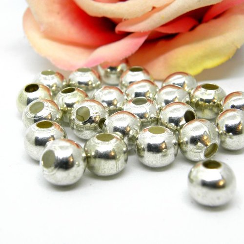 Perle ronde lisse argentée en métal, perle ronde lisse couleur argentée,