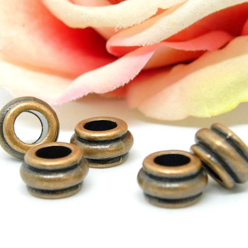 Perle pneu cylindre cuivrée en métal, perle cylindre godronnée indienne, cuivre,