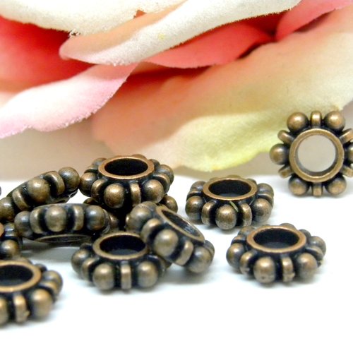 Perle rondelle rosace cuivrée en métal, perle indienne rondelle perlée cuivre,