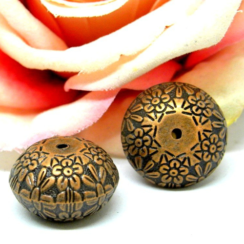 Grosse perle de forme bouton à fleurie acrylique cuivre, perle acrylique de forme fantaisie couleur cuivre,