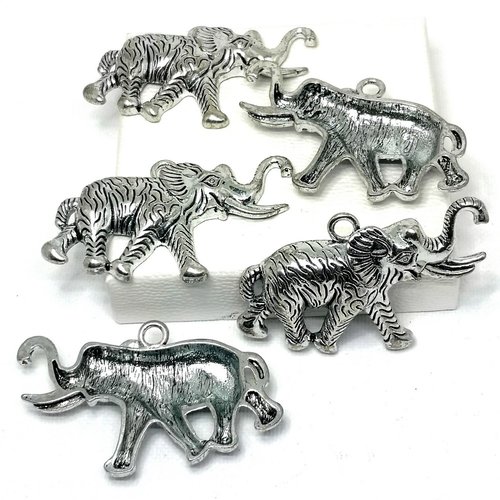 Lot de 5 têtes éléphants argentés, pendentif éléphant stylisé argent tibétain,