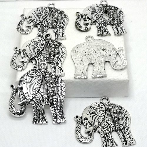 Lot de 6 pendentifs éléphants indiens argentés, pendentif éléphant stylisé,