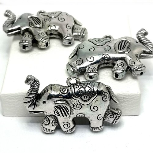Lot de 3 gros éléphants argentés 3d, pendentif éléphant stylisé en argent tibétain,