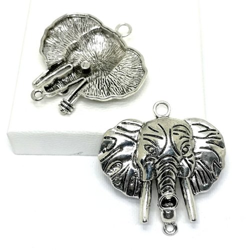 Lot de 2 pendentifs connecteurs têtes éléphants argentées , pendentif tête éléphant argent tibétain,