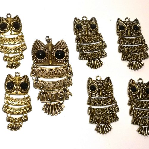 Lot de 7 pendentifs chouettes articulées bronzes, pendentif hibou bronze,