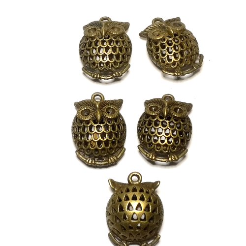 Lot de 5 pendentifs chouettes 3d bronzes, pendentif hibou 3d bronze,