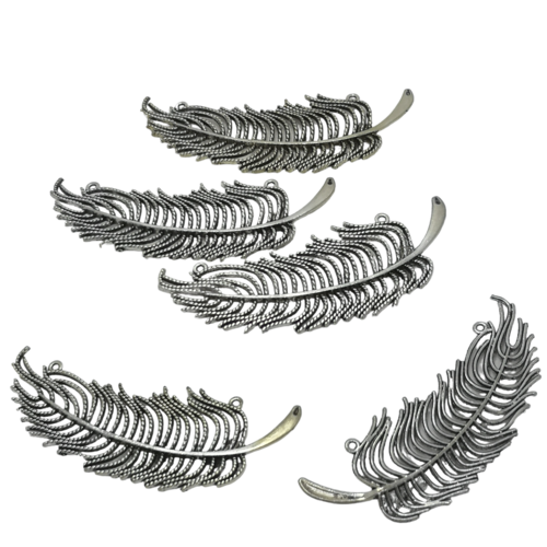 Lot de 5 pendentifs connecteurs bohèmes plumes argentés, pendentif séparateur plume argenté métal,