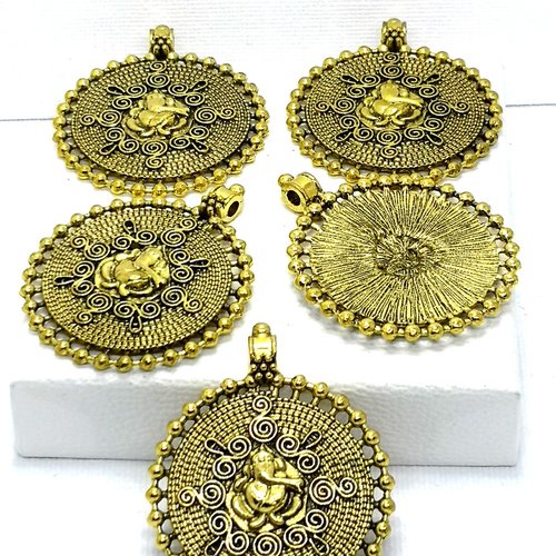 Lot de 5 pendentifs médaillons ronds perlés filigranes  effigies ganesh, pendentif métal rond fantaisie doré,