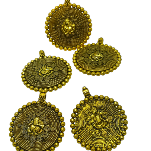 Lot de 5 pendentifs médaillons ronds perlés filigranes  effigies ganesh, pendentif métal rond fantaisie doré,