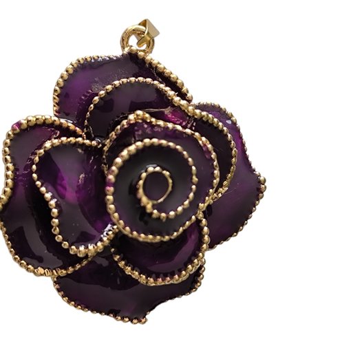 Pendentif fleur rose émaillé, rose émaillée dorée,