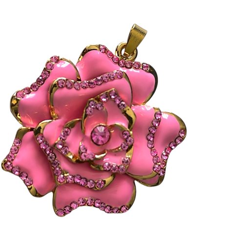 Pendentif fleur rose émaillée dorée, pendentif fleur dorée,