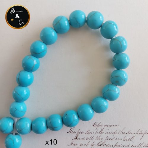 Perles rondes  en pierre howlite  teintées turquoise - diamètre 8 mm