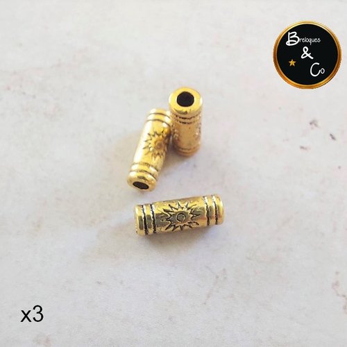 Perle tube en métal doré style tibétain   9,5 mm - lot de 3