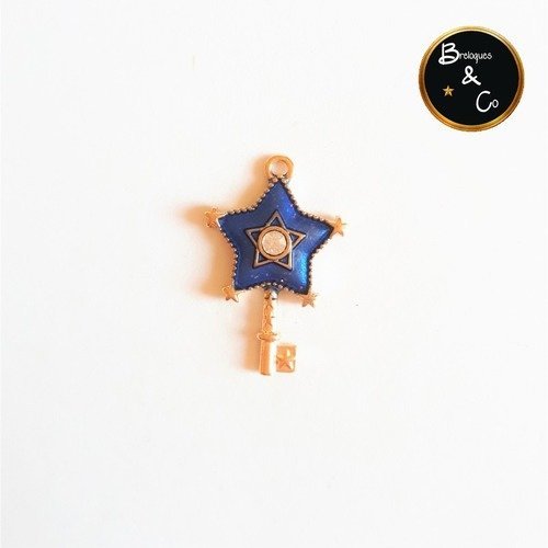 Breloque - pendentif conte de fée - clé  sceptre étoile bleue avec strass