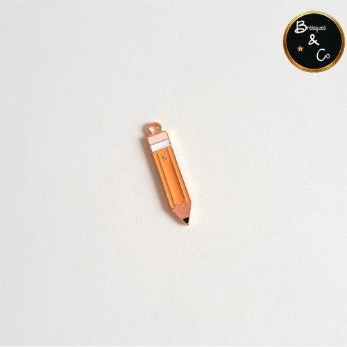 Breloque - école - pendentif crayon - stylo  en métal émaillé couleur orange