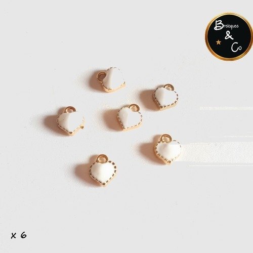 Petites breloques / charms coeur émaillé - or et blanc - lot de 6
