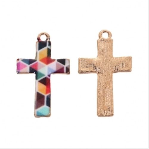 Pendentif croix religieuse dorée - mosaïque - émail multicolore  