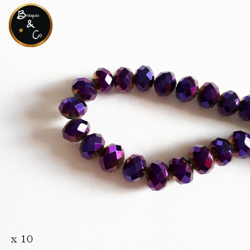 Perles en verre  à facettes abaque couleur pourpre - 8x6 mm - lot de 10
